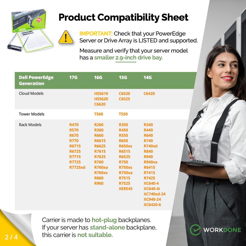 WORKDONE 2.5" Hard Drive Caddy - Compatible for Dell PowerEdge Servers - 14th Generation R440 R640 R740 R740xd R840 R940 R6415 R7415 R7425 - Bright LED SSD SAS SATA NVMe Tray - Setup with Manual - Image 3